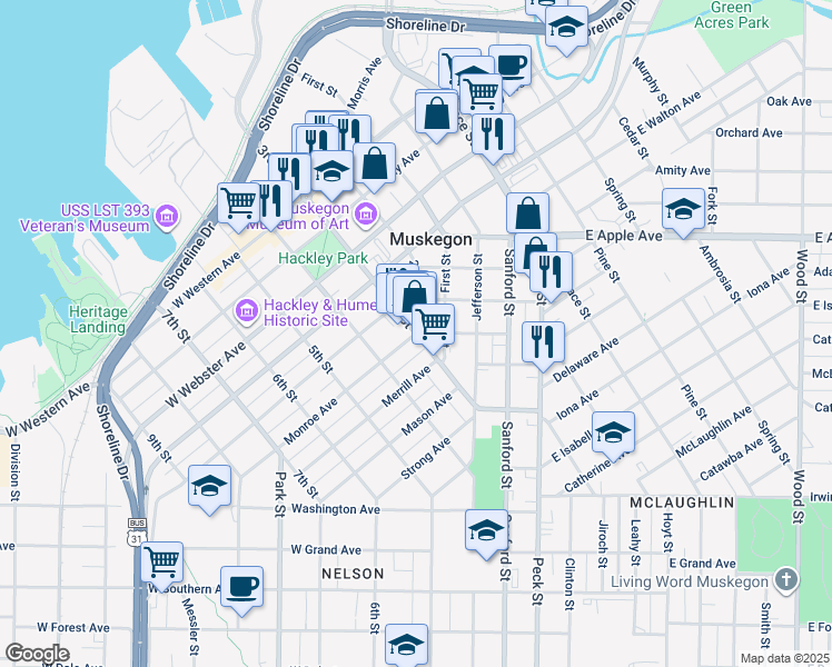 map of restaurants, bars, coffee shops, grocery stores, and more near 1144 3rd Street in Muskegon