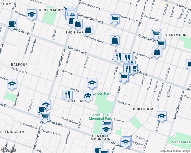 map of restaurants, bars, coffee shops, grocery stores, and more near 377 East 16th Street in Hamilton