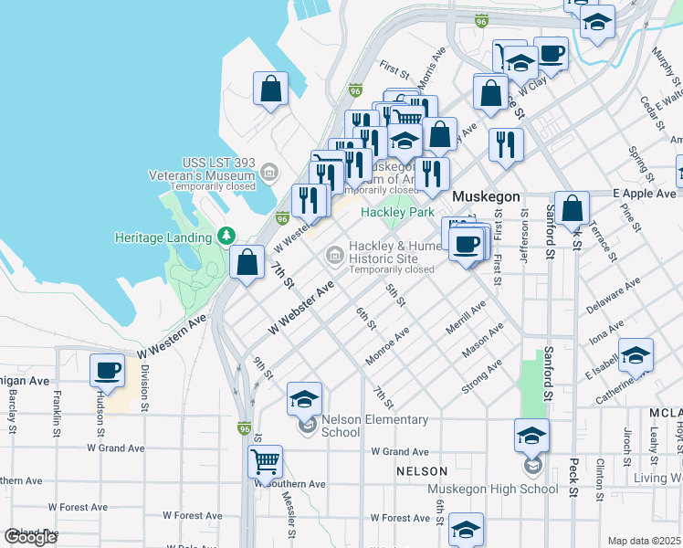 map of restaurants, bars, coffee shops, grocery stores, and more near 484 West Webster Avenue in Muskegon