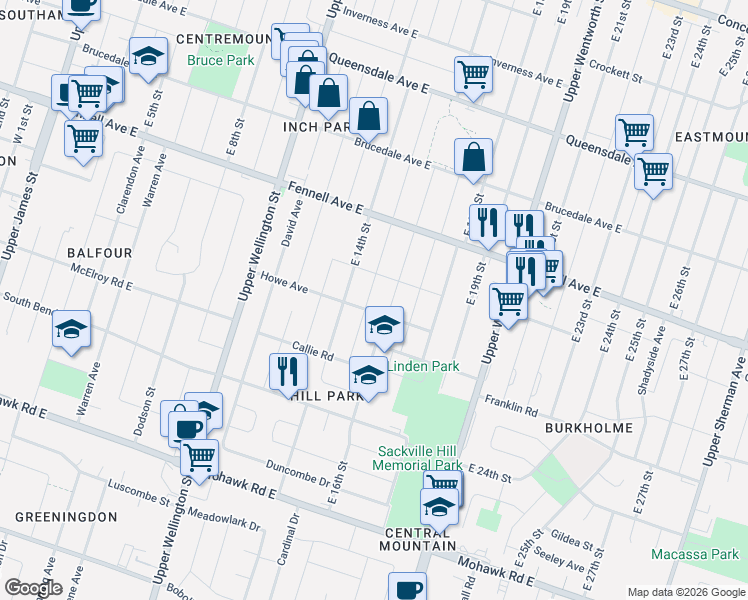 map of restaurants, bars, coffee shops, grocery stores, and more near 385 East 15th Street in Hamilton