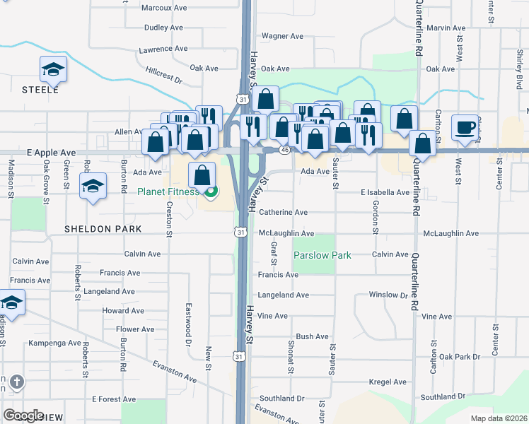 map of restaurants, bars, coffee shops, grocery stores, and more near 1624 Catherine Avenue in Muskegon