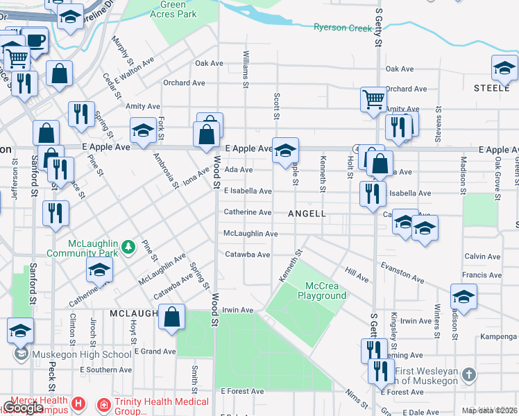 map of restaurants, bars, coffee shops, grocery stores, and more near 508 Catherine Avenue in Muskegon