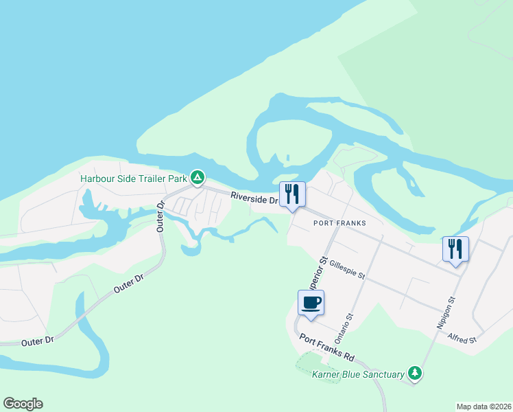 map of restaurants, bars, coffee shops, grocery stores, and more near 9996 Huron Street in Lambton Shores
