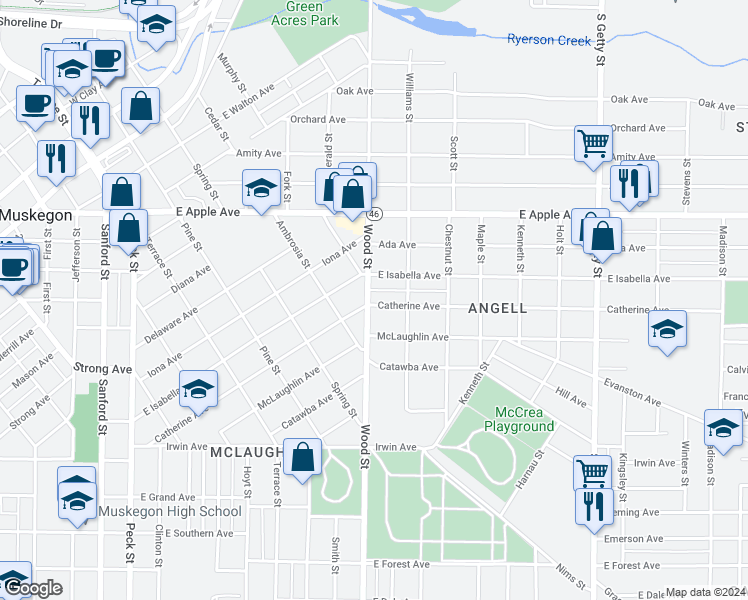 map of restaurants, bars, coffee shops, grocery stores, and more near 412 Catherine Avenue in Muskegon