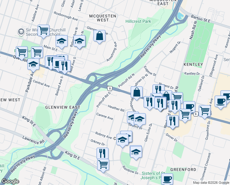 map of restaurants, bars, coffee shops, grocery stores, and more near 484 Queenston Road in Hamilton