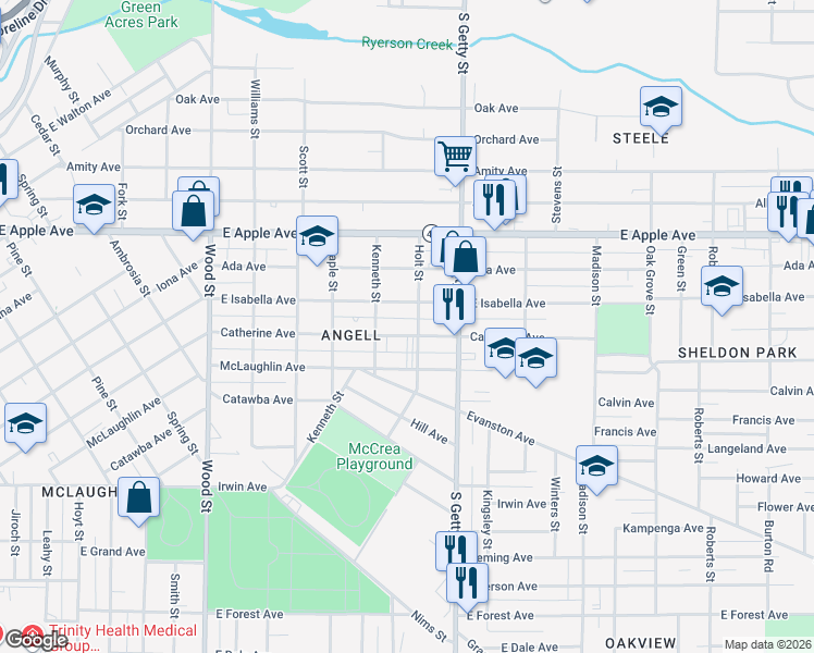 map of restaurants, bars, coffee shops, grocery stores, and more near 726 Catherine Avenue in Muskegon