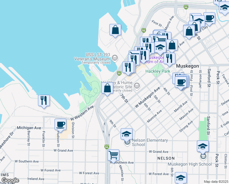 map of restaurants, bars, coffee shops, grocery stores, and more near 637 West Western Avenue in Muskegon