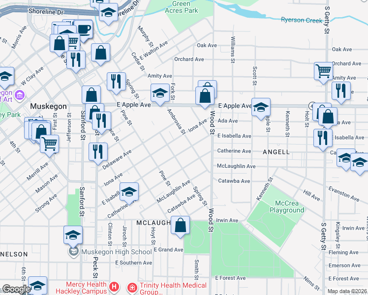 map of restaurants, bars, coffee shops, grocery stores, and more near 308 East Isabella Avenue in Muskegon