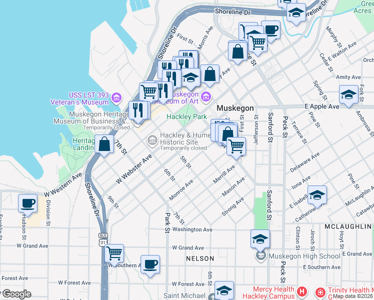map of restaurants, bars, coffee shops, grocery stores, and more near 350 Houston Avenue in Muskegon