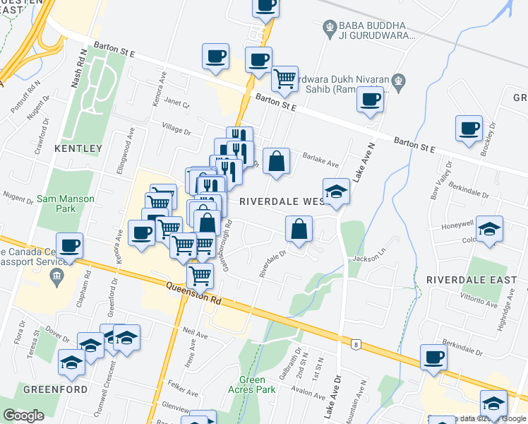map of restaurants, bars, coffee shops, grocery stores, and more near 78 Delawana Drive in Hamilton