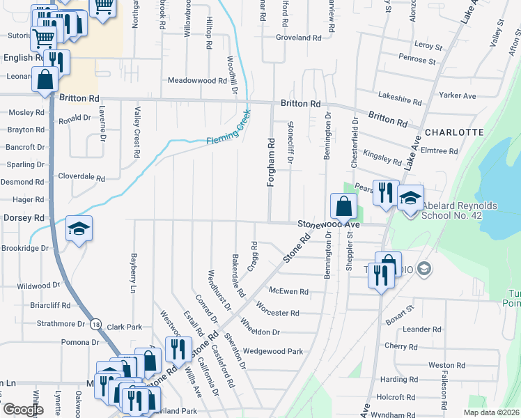 map of restaurants, bars, coffee shops, grocery stores, and more near 24 Forgham Rd in Rochester
