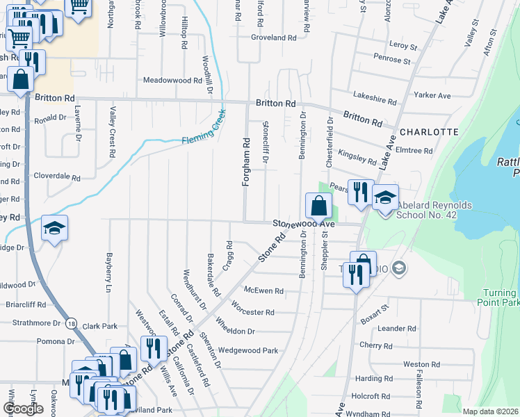 map of restaurants, bars, coffee shops, grocery stores, and more near 28 Stonecliff Drive in Rochester