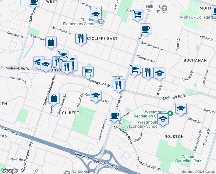 map of restaurants, bars, coffee shops, grocery stores, and more near 469 Mohawk Road West in Hamilton