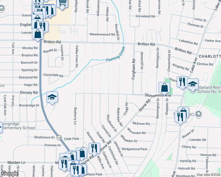 map of restaurants, bars, coffee shops, grocery stores, and more near 249 Wendhurst Drive in Rochester