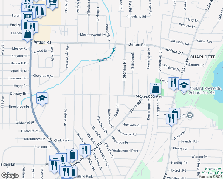 map of restaurants, bars, coffee shops, grocery stores, and more near 209 Bakerdale Road in Rochester