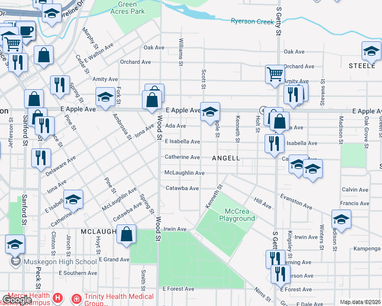 map of restaurants, bars, coffee shops, grocery stores, and more near 488 Catherine Avenue in Muskegon