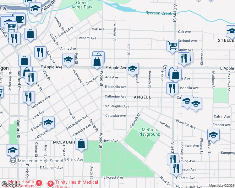 map of restaurants, bars, coffee shops, grocery stores, and more near 488 Catherine Avenue in Muskegon