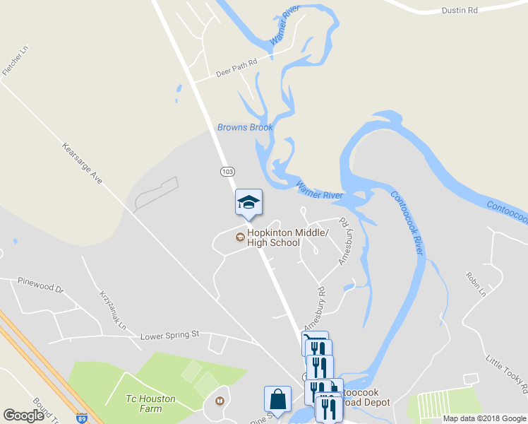 map of restaurants, bars, coffee shops, grocery stores, and more near 307 River Grant Drive in Hopkinton