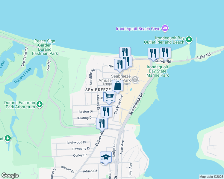 map of restaurants, bars, coffee shops, grocery stores, and more near 228 Pinehill Drive in Irondequoit