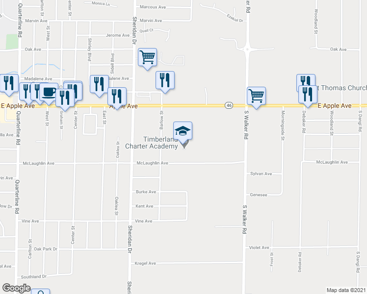 map of restaurants, bars, coffee shops, grocery stores, and more near 2574 McLaughlin Avenue in Muskegon