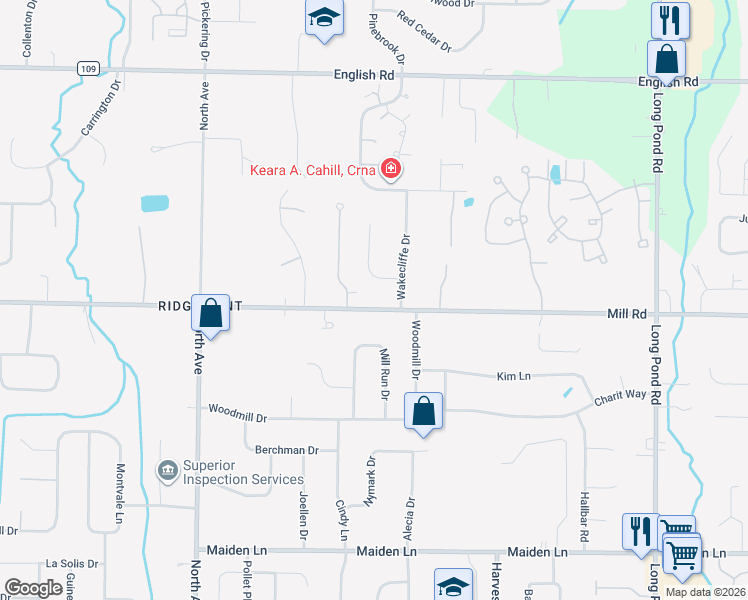 map of restaurants, bars, coffee shops, grocery stores, and more near 120 Mill Road in Rochester