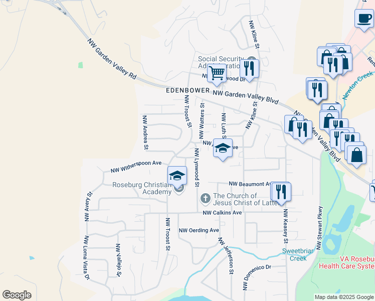 map of restaurants, bars, coffee shops, grocery stores, and more near 1936 Northwest Delridge Avenue in Roseburg