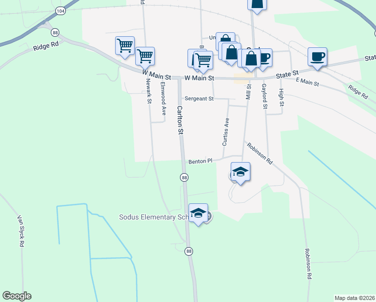 map of restaurants, bars, coffee shops, grocery stores, and more near 52 Carlton Street in Sodus