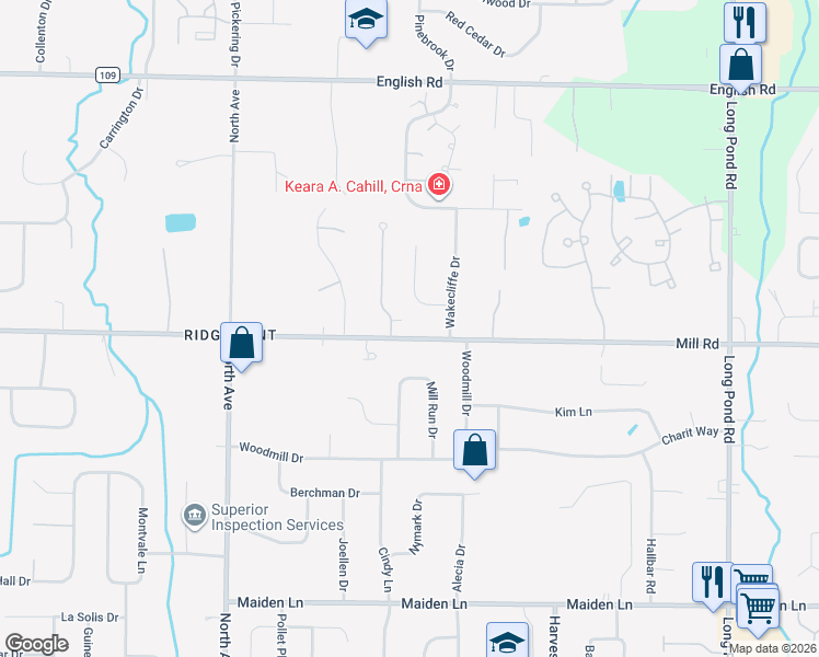 map of restaurants, bars, coffee shops, grocery stores, and more near 120 Mill Road in Rochester