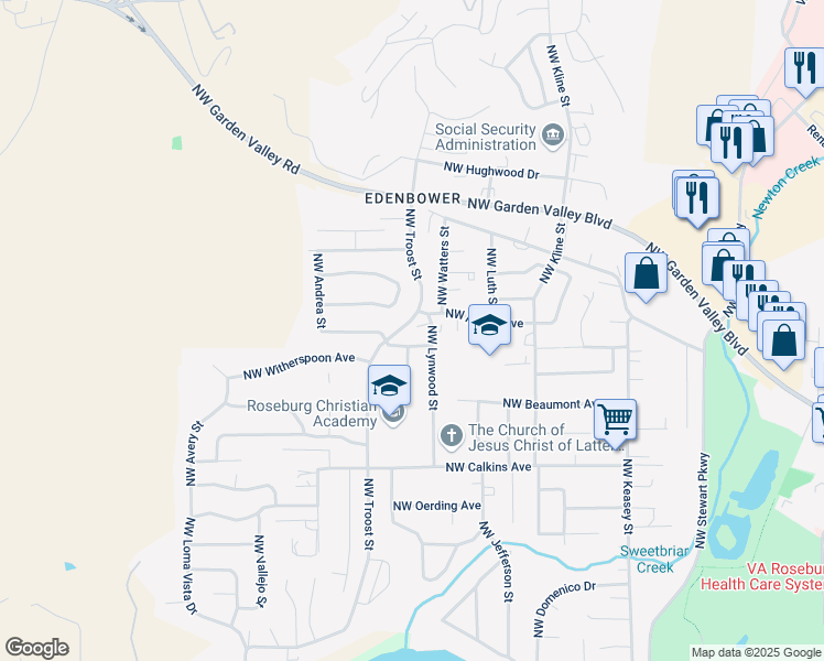 map of restaurants, bars, coffee shops, grocery stores, and more near 1936 Northwest Delridge Avenue in Roseburg