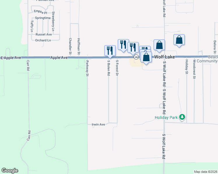 map of restaurants, bars, coffee shops, grocery stores, and more near 1172 South Bolen Road in Muskegon