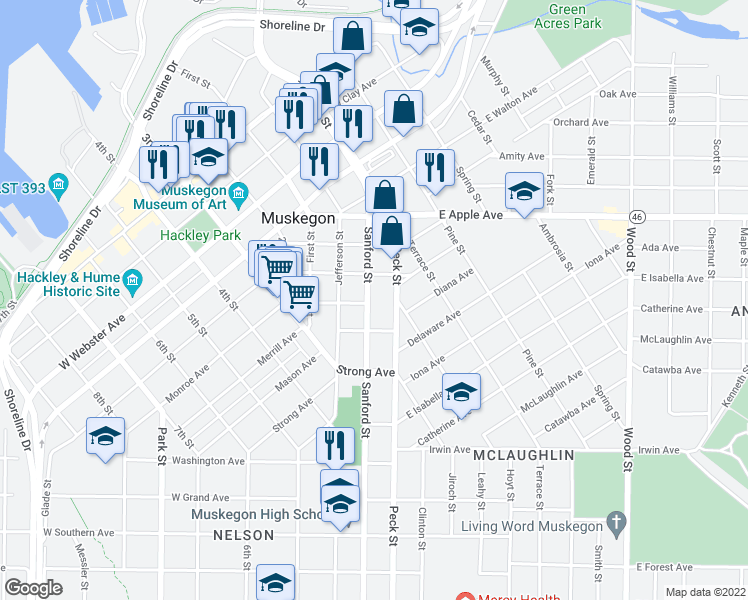 map of restaurants, bars, coffee shops, grocery stores, and more near 1144 Sanford Street in Muskegon