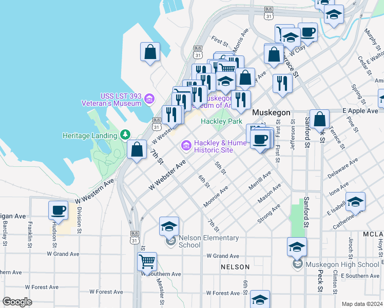 map of restaurants, bars, coffee shops, grocery stores, and more near 472 West Webster Avenue in Muskegon