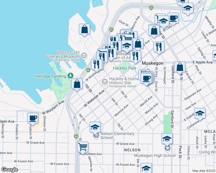 map of restaurants, bars, coffee shops, grocery stores, and more near 472 West Webster Avenue in Muskegon