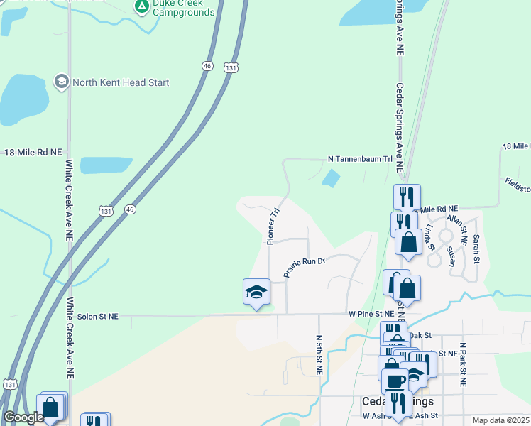 map of restaurants, bars, coffee shops, grocery stores, and more near 310 Wagon Wheel Court in Cedar Springs