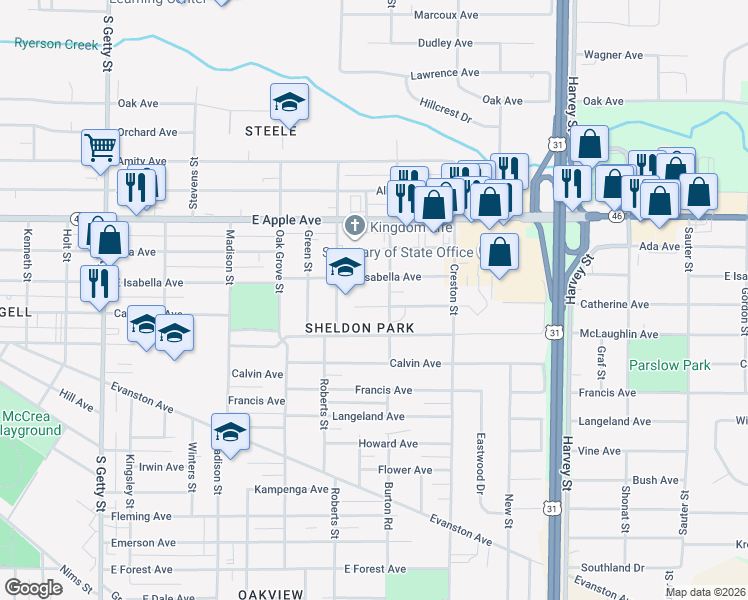 map of restaurants, bars, coffee shops, grocery stores, and more near 1270 Catherine Avenue in Muskegon