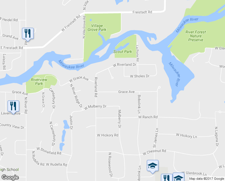 map of restaurants, bars, coffee shops, grocery stores, and more near 3300 Grace Avenue in Mequon