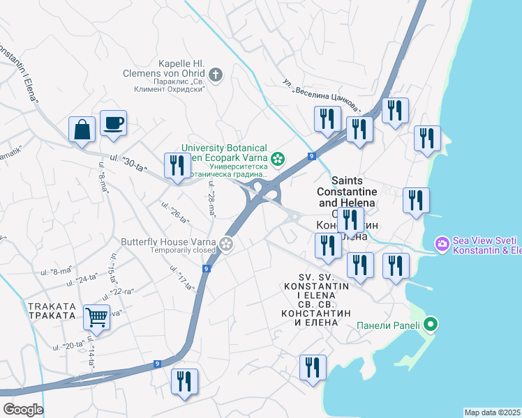 map of restaurants, bars, coffee shops, grocery stores, and more near 169 ulitsa "1-va" in Varna