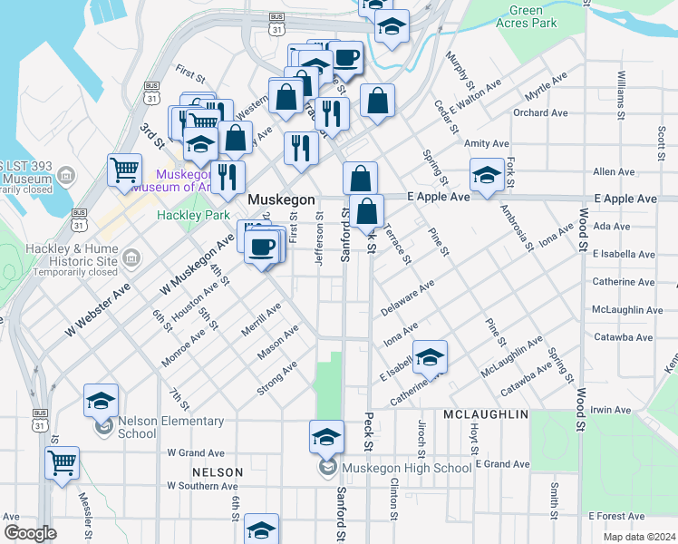map of restaurants, bars, coffee shops, grocery stores, and more near 1143 Sanford Street in Muskegon