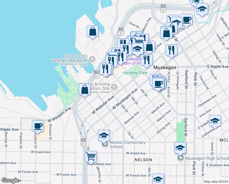 map of restaurants, bars, coffee shops, grocery stores, and more near 484 West Webster Avenue in Muskegon