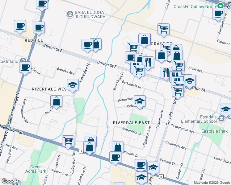 map of restaurants, bars, coffee shops, grocery stores, and more near 42 Rivercrest Road in Hamilton