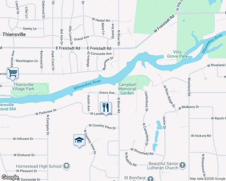 map of restaurants, bars, coffee shops, grocery stores, and more near 4320 Grace Avenue in Mequon