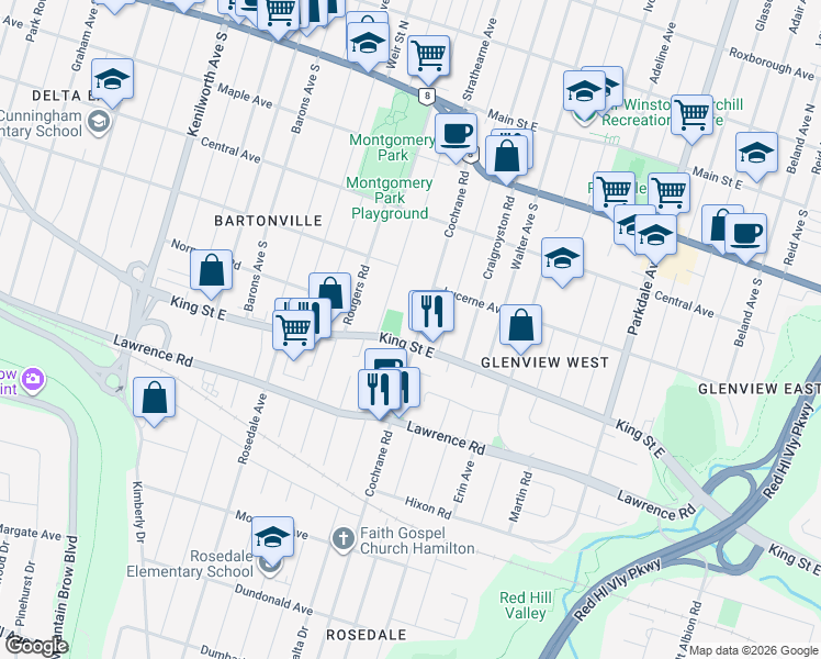 map of restaurants, bars, coffee shops, grocery stores, and more near in Hamilton