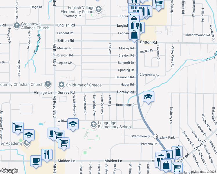 map of restaurants, bars, coffee shops, grocery stores, and more near 126 Dorsey Road in Rochester