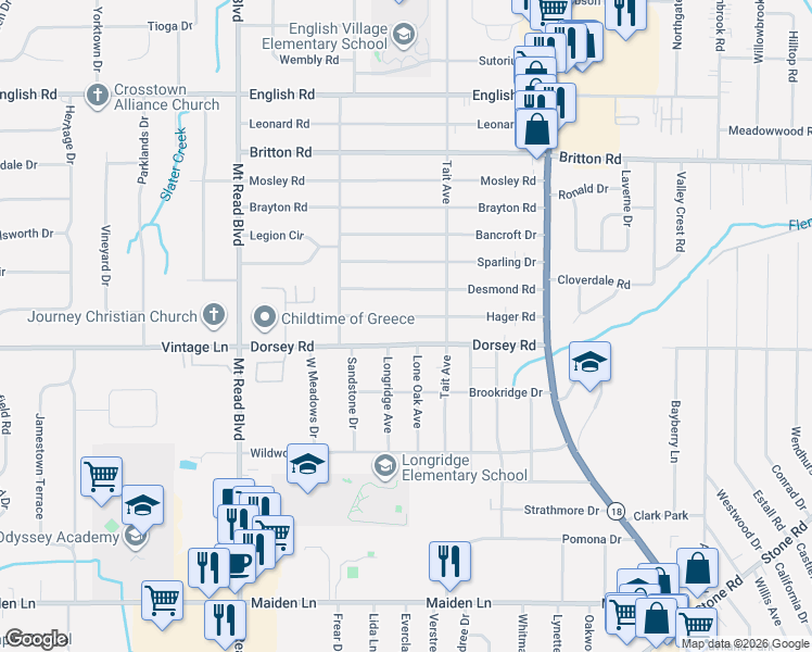 map of restaurants, bars, coffee shops, grocery stores, and more near 172 Dorsey Road in Rochester
