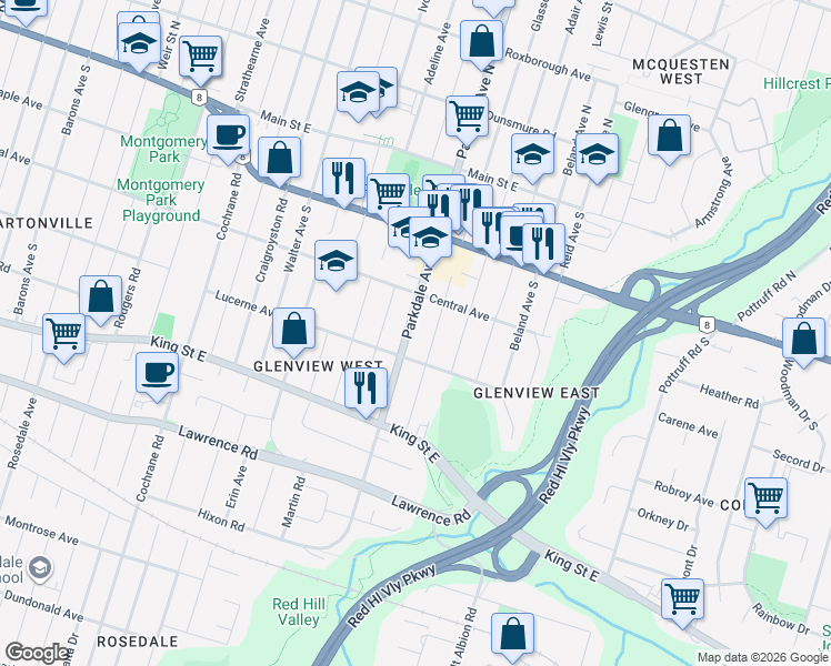 map of restaurants, bars, coffee shops, grocery stores, and more near 187 Parkdale Avenue South in Hamilton