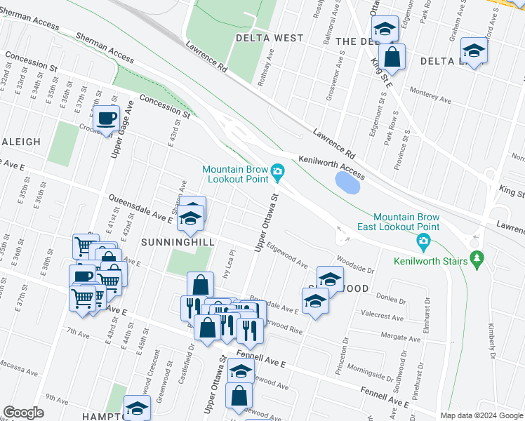 map of restaurants, bars, coffee shops, grocery stores, and more near in Hamilton