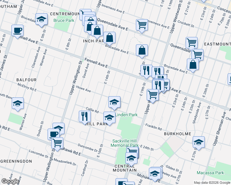 map of restaurants, bars, coffee shops, grocery stores, and more near 377 East 16th Street in Hamilton