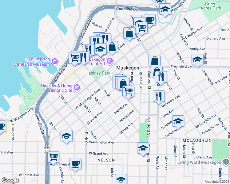 map of restaurants, bars, coffee shops, grocery stores, and more near 275 Houston Avenue in Muskegon