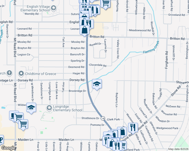 map of restaurants, bars, coffee shops, grocery stores, and more near 56 Lambert Drive in Rochester