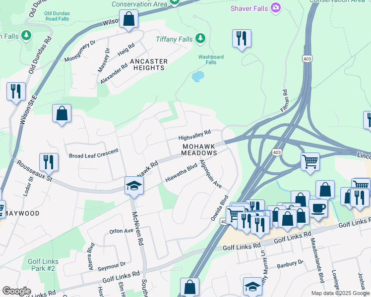 map of restaurants, bars, coffee shops, grocery stores, and more near 675 Mohawk Road in Hamilton